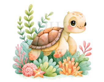 Tropical Summer Sea Turtle And Coral Reef Clipart Bundle Artwork, Printable Watercolor, High-Quality PNGs, Paper Craft, Junk Journal
