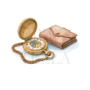 Paquete de 20 imágenes prediseñadas de carteras y relojes de cuero vintage para el Día del Padre, diario creativo, acuarelas imprimibles, PNG de alta calidad, manualidades con papel.