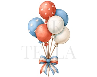 American Fourth Of July Red White Blue Balloons Clipart Bundle, High-Quality PNGs, Junk Journal, Paper Craft, Printable Watercolor