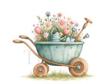 Watercolor Spring Garden Wheelbarrow Planting Tools Clipart, Floral, Printable Watercolor, High-Quality PNGs, Paper Craft, Junk Journal