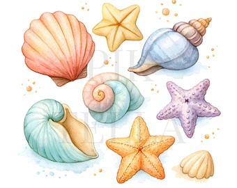 Elegant Summer Seashell And Ocean Starfish Elements Clipart, Beach, Junk Journal, Printable Watercolor, High-Quality PNGs, Paper Craft