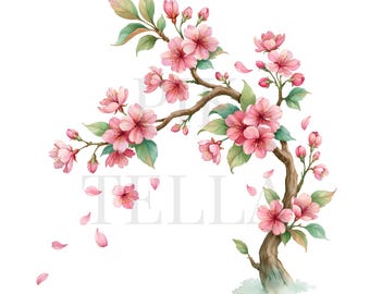 Elegant Spring Cherry Blossom Branch And Flowers Clipart, Floral, Printable Watercolor, High-Quality PNGs, Paper Craft, Junk Journal