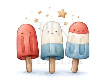 Patriotic Summer Popsicle In Red White Blue Clipart Bundle Design, Paper Craft, Printable Watercolor, Junk Journal, High-Quality PNGs