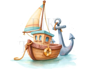 Summer Sailing Boat And Nautical Anchor Graphics Clipart Bundle, Paper Craft, Printable Watercolor, Junk Journal, High-Quality PNGs