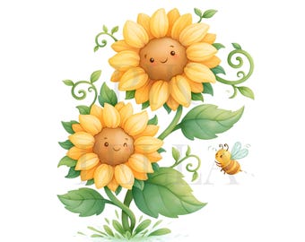 Bright Yellow Sunflower And Buzzing Bee Graphics Clipart, Spring, Paper Craft, Junk Journal, Printable Watercolor, High-Quality PNGs