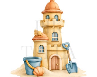 Summer Beach Sandcastle And Plastic Toy Bucket Clipart, Ocean Art, Printable Watercolor, High-Quality PNGs, Paper Craft, Junk Journal
