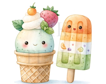 Cute Summer Ice Cream Cone And Popsicle Clipart, Sweet Treat Art, Paper Craft, Junk Journal, Printable Watercolor, High-Quality PNGs