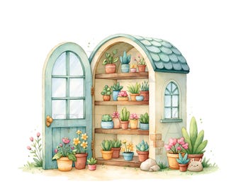Watercolor Spring Garden Greenhouse, Potted Plants Clipart Bundle, Printable Watercolor, High-Quality PNGs, Paper Craft, Junk Journal