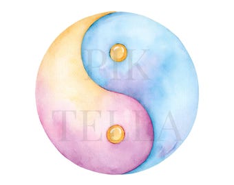 Watercolor Peaceful Yin And Yang Symbol Graphic Design Clipart, Paper Craft, Junk Journal, Printable Watercolor, High-Quality PNGs