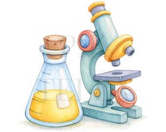 Scientist Chemistry Beaker, Microscope Instrument Digital Art Bundle, Printable Watercolor, High-Quality PNGs, Paper Craft, Junk Journal