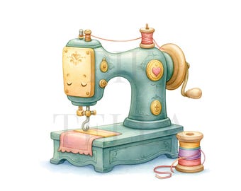 Tailor Sewing Machine And Colorful Thread Spool Digital Art Bundle, Paper Craft, Junk Journal, Printable Watercolor, High-Quality PNGs