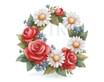 Patriotic Red White And Blue Floral Wreath Clipart Bundle Design, Printable Watercolor, High-Quality PNGs, Paper Craft, Junk Journal