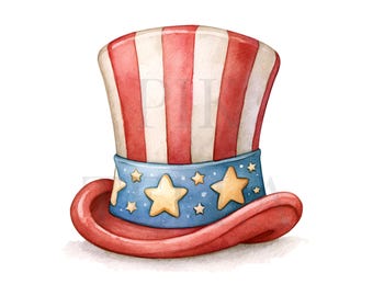 Fourth Of July Uncle Sam Hat Graphics Clipart Bundle Artwork Set, Paper Craft, Printable Watercolor, Junk Journal, High-Quality PNGs