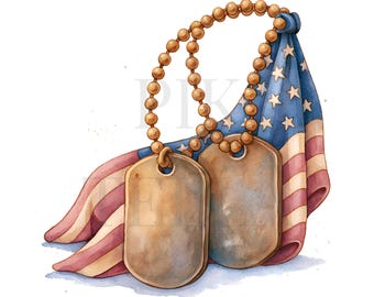 Vintage Rustic Memorial Day Military Dog Tags Clipart Bundle Art, Paper Craft, Printable Watercolor, Junk Journal, High-Quality PNGs