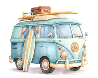 Vintage Retro Summer Surfing Van And Surfboard Clipart, Beach Art, Junk Journal, Printable Watercolor, High-Quality PNGs, Paper Craft