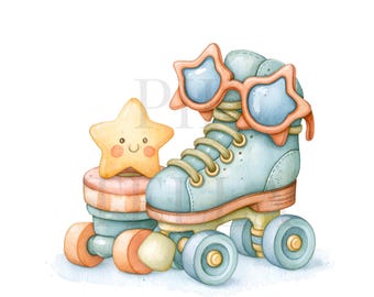 Retro Summer Roller Skate And Sunglasses Graphics Clipart, Vintage, Paper Craft, Junk Journal, Printable Watercolor, High-Quality PNGs