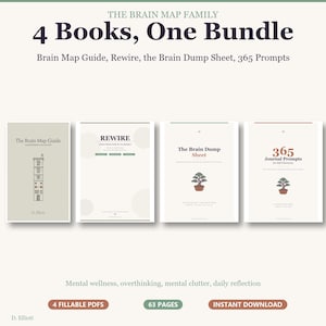 May include: A digital bundle of four books titled The Brain Map Family, including The Brain Map Guide, Rewire, The Brain Dump Sheet, and 365 Journal Prompts for Self-Discovery. The covers feature minimalist line art of a building and bonsai trees.
