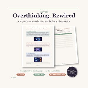 May include: A digital document titled Overthinking, Rewired with the subtitle why your brain keeps looping, and the first 30 days out of it. It includes pages explaining the Default Mode Network, neural pathways, and a 30-day tracking chart.