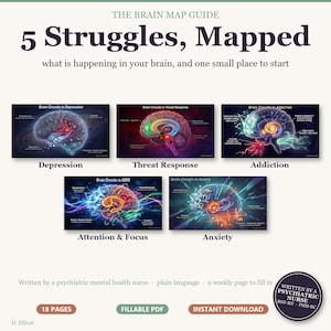 May include: A digital guide titled The Brain Map Guide: 5 Struggles, Mapped. It features five brain illustrations labeled Depression, Threat Response, Addiction, Attention & Focus, and Anxiety. Includes text: 18 pages, fillable PDF, instant download.