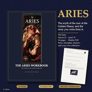 Könnte beinhalten: Ein digitales Widder-Arbeitsbuch mit dunkelblauem Einband, einer zentralen Illustration einer Figur mit Widderhörnern und dem Text ARIES THE RAM. Es enthält 16 Seiten, ein ausfüllbares PDF-Format und eine Beispielseite mit Schreibübungen.