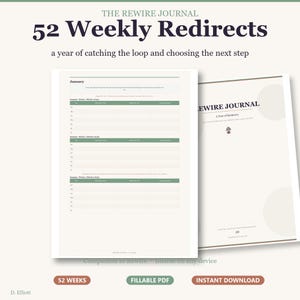 May include: The Rewire Journal 52 Weekly Redirects, a year of catching the loop and choosing the next step. A digital planner with a cover page and weekly layout pages featuring tables for tracking daily habits, tasks, and reflections in a clean format.