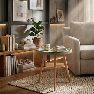 May include: A round sage green side table with three light-toned wooden legs. The table features a raised edge and is positioned on a textured rug next to a beige upholstered armchair. A small ceramic mug and a stack of books rest on the tabletop.
