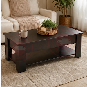 May include: A rectangular dark brown wooden coffee table featuring a lift-top mechanism, a lower storage shelf, and four sturdy block legs. The table surface holds a beige ceramic mug, a round woven tray, a small potted green plant, and a candle.