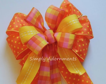 Yellow Orange Bow, Orange summer Plaid Bow, Yellow Orange Wreath bow, Yellow Dots Birthday Party Decor, Orange Plaid lantern Bow, Gift Bow