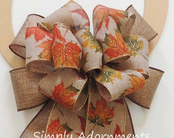 Fall Leaves Wreath Bows, Orange moss Leaves fall wreath bow, Fall Leaves lantern Bows, Fall Leaves bow for wreath,  Fall accent wreath bows