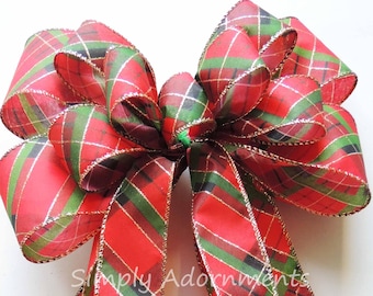 Plaid Christmas Bow, Red Green Bow, Traditional winter Wreath Accent, Tree Topper Decoration