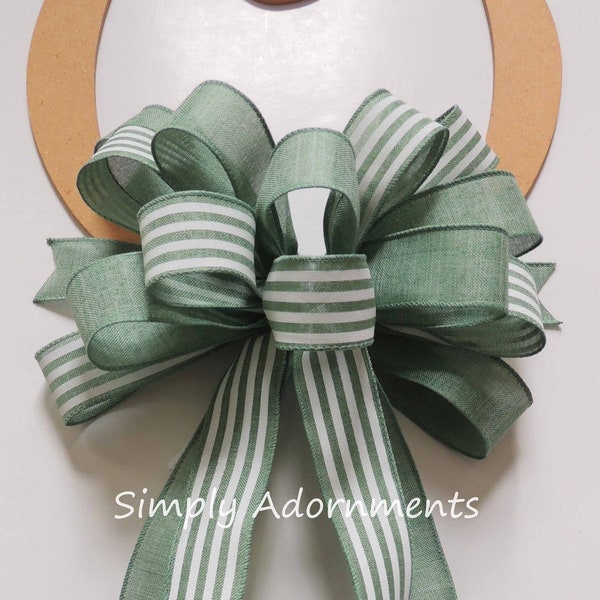 Sage Green Farmhouse Stripes Bow, Vintage farmhouse green Bow, Green Farmhouse Wreath bow, Farmhouse Door Bow, Farmhouse Bow for Porch sign