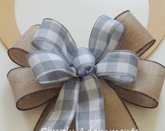 Farmhouse Bow, Faux Burlap Grey Check Farmhouse Bow, Farmhouse Wreath Bows, Grey White buffalo check Door bow, Gift bow, Everyday Bow