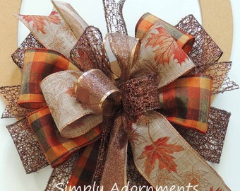 Funky Fall Plaid Bow, Fall Lantern Bow, Thanksgiving Wreath Bow, Maple Leaves Wedding Pew Bow, Brown Bronze Fall Plaid Bow, Fall Door Bow