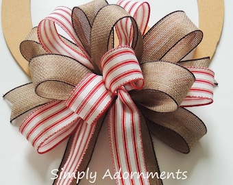 Burlap Red Ticking Stripes Bow, Red Farmhouse Stripes Bow, Everyday Farmhouse Wreath bow, Farmhouse sign Bow, Porch sign Bow, Sign Door Bow