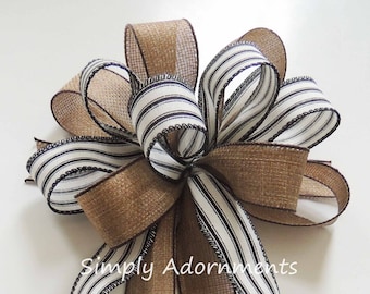 Burlap Farmhouse Stripe Bow, Vintage Ticking Stripes Bow, Burlap Farmhouse Wreath bow, Farmhouse sign Bow, Bow for Porch sign, Sign Door Bow