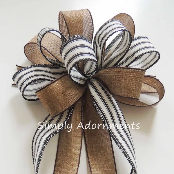 Burlap Farmhouse Stripe Bow, Vintage Ticking Stripes Bow, Burlap Farmhouse Wreath bow, Farmhouse sign Bow, Bow for Porch sign, Sign Door Bow