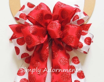 Red white Christmas Bow, Red White polka dots Bow, Bow for Wreath,  Tree Topper bow, Red white Lantern Bow, Door bow, Christmas Swag Bow