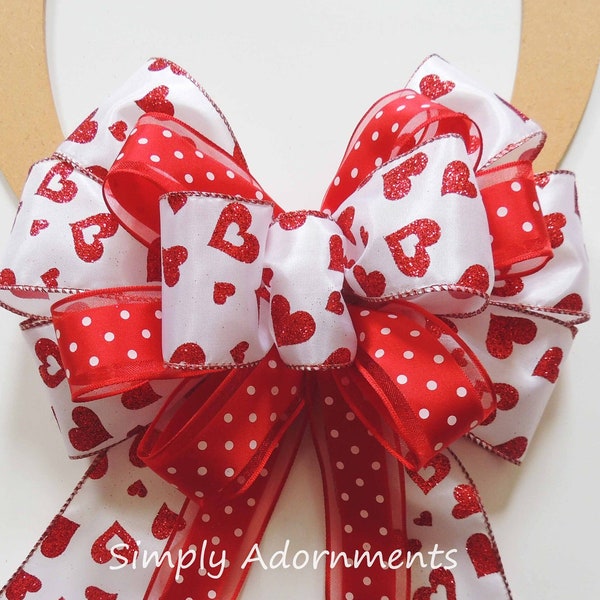 Valentine Red Heart Bow, Red Heart Wreath bow, Glitter Red Heart Valentine Bow, Red Valentine Heart Wreath Bow, Red Valentine Gift Bow
