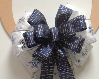 Navy Silver Christmas Bow, Navy Silver Snowflakes Wreath Bows, blue Silver Winter Door bow, Navy Christmas lantern bow, Navy Silver Tree Bow