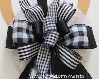 Farmhouse Black Buffalo Check Bow, Black White Check Bow, Black White Door Bow, Black Buffalo Plaid Check  lantern Bow, Farmhouse tree bow