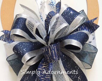 Navy Silver Christmas Snowflakes Bow, Navy Silver Winter Wreath Bow, Navy Silver Christmas lantern Bow, Silver Blue Winter Holiday Bow