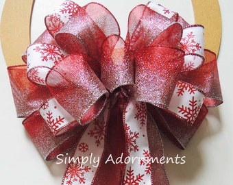 Silver Red Snowflakes Christmas Tree Bow, Snowflakes Christmas Tree topper, Red white Christmas Door bow, Large Christmas Teardrop Swag Bow