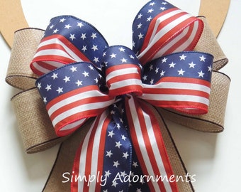 American Patriotic Bow, Wreath Bow, 4th of July Door Bow, July 4th Sign Bow, American Flag Bow, Patriotic-Themed Party Decor