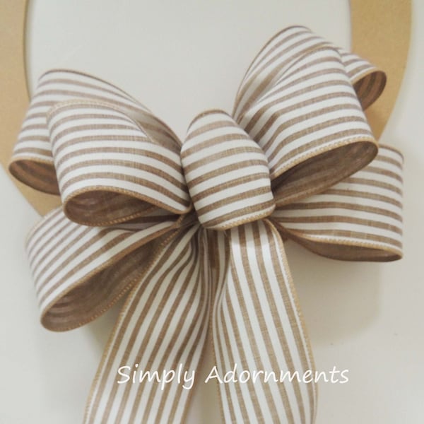 Beige & White Striped bow, Farmhouse Style bow, Beige striped Wreath Bow, Everyday Wreath bow, Farmhouse Bow for Porch Sign, Door Hanger bow