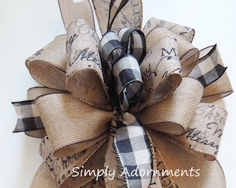 Farmhouse Christmas Scripts Bow, Farmhouse Christmas Scripts tree Bow, Farmhouse Christmas Tree Topper Bow, Black check scripts lantern Bow
