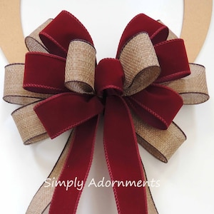 Burlap burgundy Bow, Velvet burgundy Burlap Wreath bow, Christmas Rustic Burgundy Wreath Bow, burgundy burlap Farmhouse Bow, Front porch bow