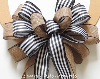 Farmhouse Stripes Bow, Burlap black White Striped Bow, Farmhouse Christmas Bow, Black white Stripes Bow Farmhouse Lantern Bow, gift bow