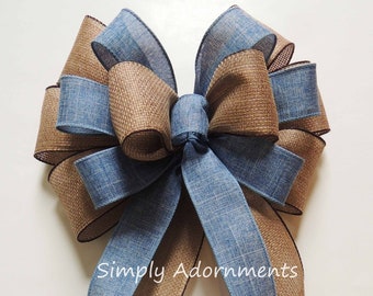 Blue Denim Burlap Ribbon Bow, Farmhouse beige Blue Wreath Bow, Rustic blue Denim Burlap door Bow, Denim baby shower Bow,  Denim Lantern Bow