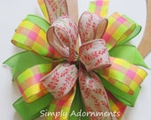Yellow Green Spring Check bow, Spring Wreath bow, BlueBonnet coral Flowers Bow, Spring Flowers Lantern Bow, Spring flower bow, Gift Bow Il_170x135