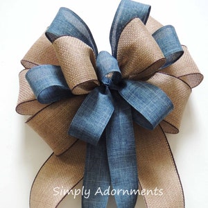 Blue Denim Burlap Ribbon Bow, Farmhouse beige Blue Wreath Bow, Rustic blue Denim Burlap door Bow, Denim blue door Bow, Farmhouse Lantern Bow image 1